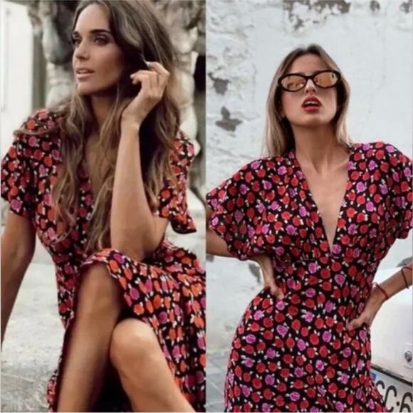 Zara Red Pink and Black Floral Print Maxi Dress size Small Rose - Picture 3 of 11